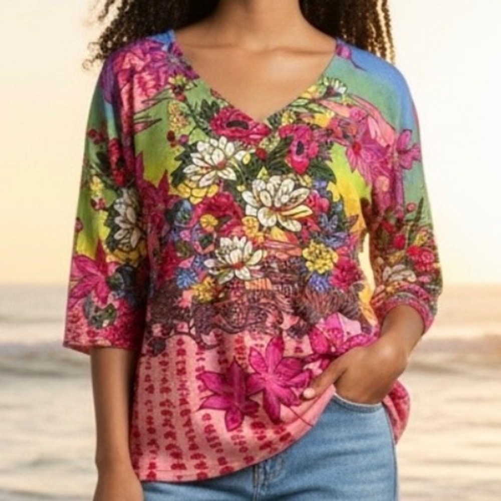 Karen Arnold Woman Plus 1X Beaded Floral Asian Print NWT Sweater Pink Multi